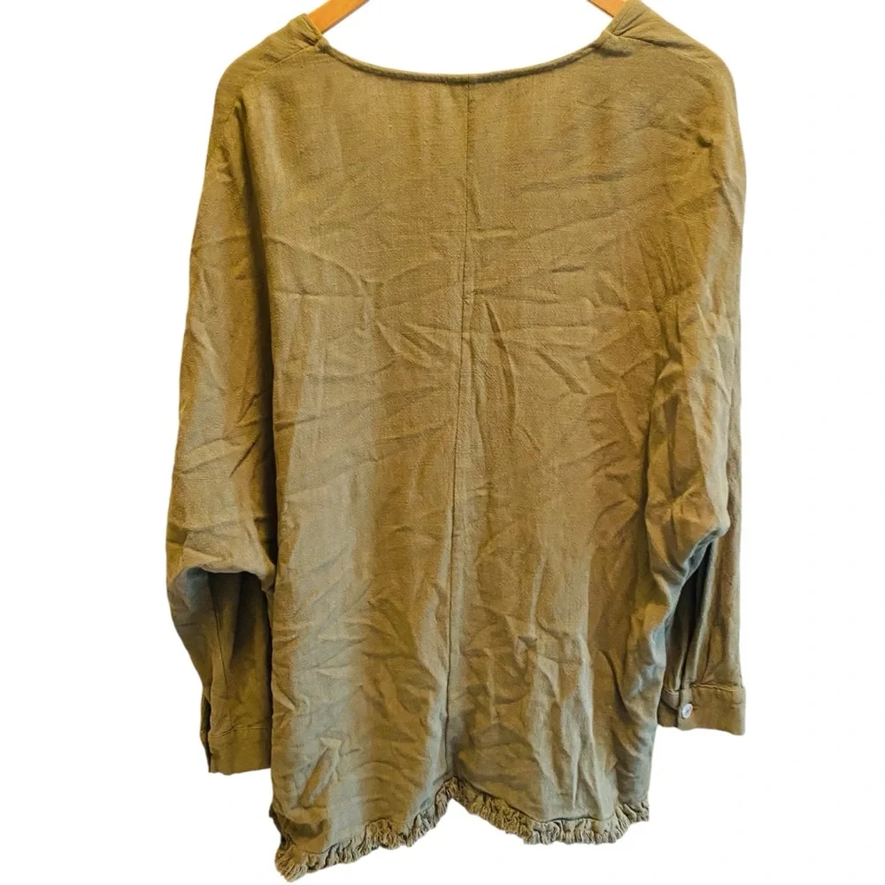 ⭐️ UMGEE Linen Blend Olive Green Fringe Hem Tunic Top - Picture 2 of 5